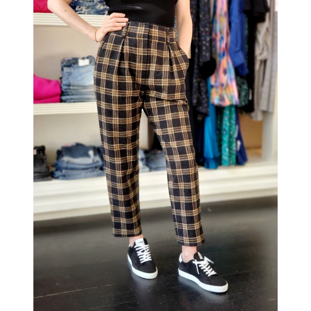 Veronica Beard Reena Pant Natural Plaid Black Pleated Trouser Tweed SZ 6